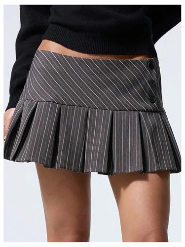 MakeMeChic Women's Summer Y2K Pleated A Line Mini Skirt Striped Button Side Short Skirts2