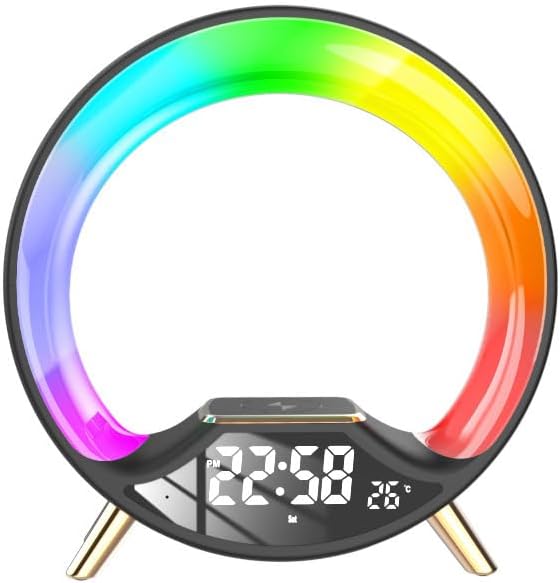 GuDoQi Sunrise Alarm Clock with Fast Wireless Charger Station and Bluetooth, Full Screen with Sunrise Simulation Light, Sleep Aid, Dual Alarms, FM Radio, 10 Colors Nightlight for Bedroom, Black