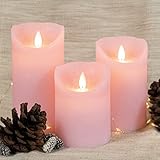 Nordje LED Echtwachskerze mit beweglicher Flamme | Ohne echte Flamme | bis zu 50.000 Stunden | LED Kerzen Timerfunktion | 3er Spar Set in Rosa oder Elfenbein (Rosa)