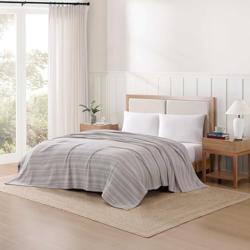 Image of Tommy Hilfiger - King Cotton Blanket, Fade Resistant Yarn-Dyed Cotton Bedding, Medium Weight Soft Blanket, Ideal for Layering, Oeko-TEX Certified (Harbor Stripe Grey)