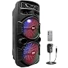 Pyle Portable Bluetooth PA Speaker System – 600W Rechargeable Outdoor Bluetooth Speaker Portable PA System w/ Dual 8” Subwoofer 1” Tweeter, Microphone In, Party Lights, USB, Radio, Remote – PPHP2835B