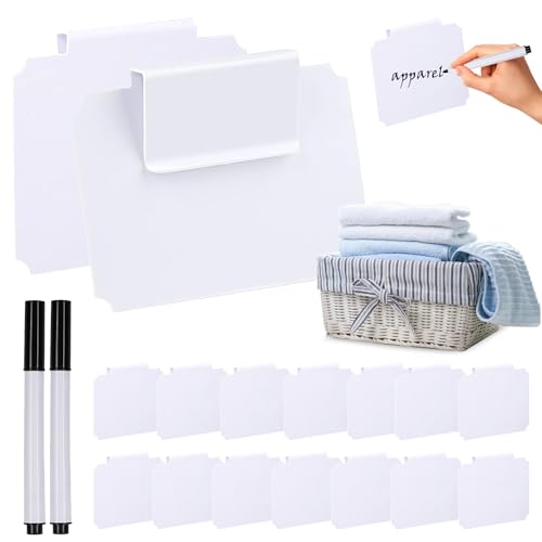 Etikettenhalter Set, 16 Stück PVC Korb Etiketten Clips Abnehmbare Preisschildhalter Label Halter mit 2 Markierungsstiften für Lagerung Korb Speisekammer (Weiß)