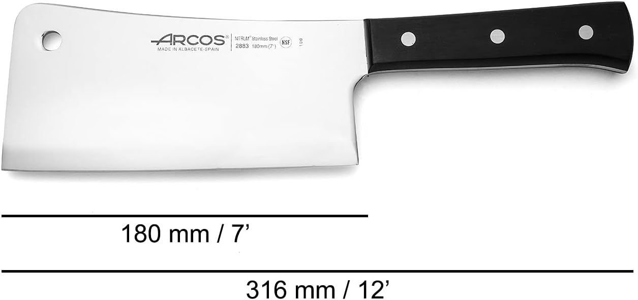 Arcos Cleaver Knife 7 Inch Nitrum Stainless Steel and 180 mm blade. Professional Knife for Boning. 545 gr. Ergonomic Polyoxymethylene POM Handle. Series Universal. Color Black