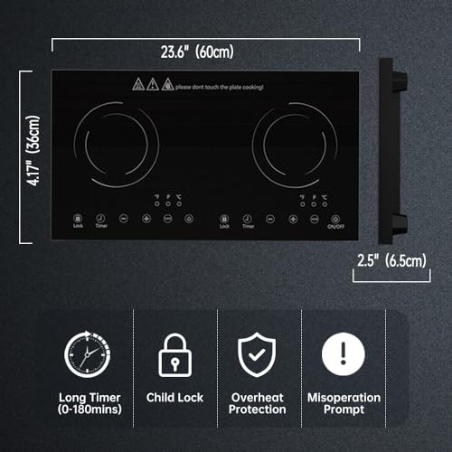 Double Induction Cooktop, 1800W Electric Cooktop with 2 Burner, Portable Countertop Burner with LED Sensor Touch Screen, 17 Power Levels 21 Temperature Setting Child Safety Lock, 3 Hours Timer - Image 6