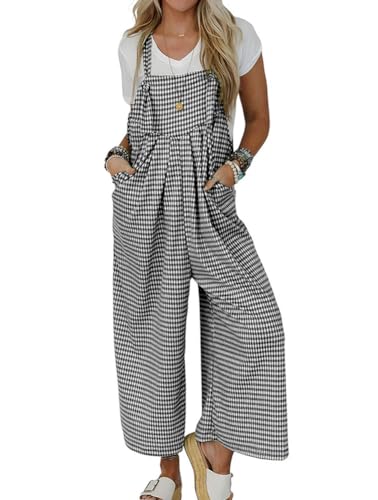 chouyatou Women's Sleeveless Plaid Wide Leg Bib Overall Casual Loose Gingham Jumpsuits with Pockets (Large, Black)