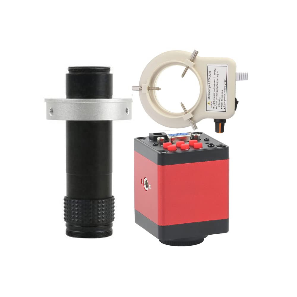 Cámara de microscopio de Video de reparación de Soldadura Industrial Digital de Laboratorio VGA HDMI de 14MP y Lente de Montaje en C 120X con Anillo de luz Ajustable de 56 LED - Rojo