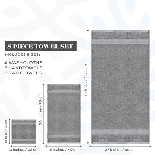 White Classic Luxury Bath Towel Set of 8 Pieces - 100% Turkish Cotton 700 GSM Highly Absorbent Towels for Bathroom, 2 Bath Towels, 2 Hand Towels, 4 Washcloths - Light Grey