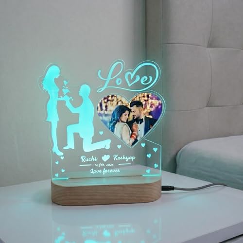 Image of Personalized Couple LED Acrylic Lamp - Custom Photo Frame Night Light, Romantic Proposal Design Gift for Anniversary, Wedding, Valentine's Day