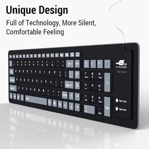 Image of Foldable Silicone Keyboard,103 Key Silent Portable Wired Keyboard,USB Interface Connection,Soft Rubber, Rollable, Lightweight, Waterproof, Dustproof for Desktops, Notebooks etc. (Black)