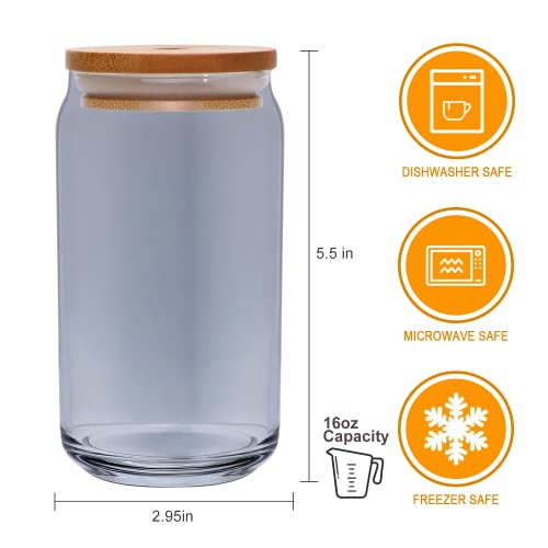Ufrount Glass Cups Set of 6,16 OZ Can Shaped Drinking Glasses with Lids and Straws,Gray Glass Coffee Cups,Cute Iced Coffee Glasses for Cocktail,Whiskey,Juice - Thumbnail 2