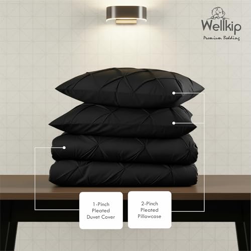 Image of Pinch Pleated Duvet Cover Set 1000TC 100% Cotton Premium 3-Pieces 1-Duvet Cover & 2-Pillow Cover Luxury Look Home and Hotel Zipper & 8-Tie Closure (Black, Queen 90 X 90 Inch)