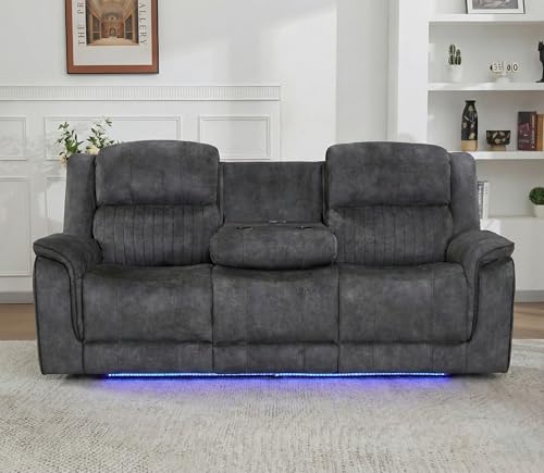 Image of Geneva Pro Fabric Electric Recliner Sofa 3+2 Seater Set - 3+2 Seater Sofa With Bluetooth/Cooling Cup-Holders/LED Lights/Wireless Charging/USB Charging Ports (Grey, 3 Seater)