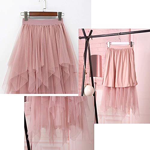 Lbkkc Women's Tulle Skirt Formal High Low Asymmetrical Midi Tea-Length Elastic Waist Flowy Skirt Nude Pink #TOP1