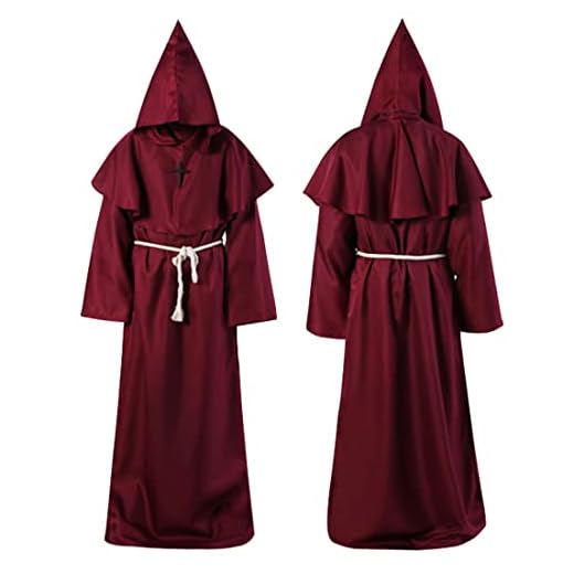 Disfraz de Monje, XL Medieval Fraile Túnica, borgoña Halloween Prister Disfraz, Encapuchado Renacimiento Túnica con Cruz, Traje de Sacerdote para Halloween Carnaval Fiesta temática