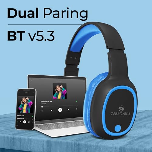 Image of ZEBRONICS Thunder Over Ear Bluetooth 5.3 Wireless Headphones with 60H Backup, Gaming Mode, Dual Pairing, Enc, Aux, Micro Sd, Voice Assistant, Comfortable Earcups, Call Function (Blue)