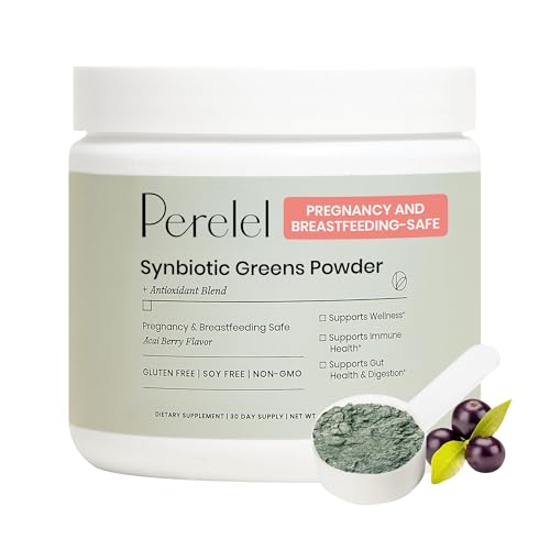 Perelel Synbiotic Greens Powder, Superfood Blend with Fruits, Vegetables, Probiotics, Fiber, Spirulina & Chlorella, Daily Greens Supplement, Soy & Gluten Free, Non GMO, Acai Berry Flavor, 30 Servings
