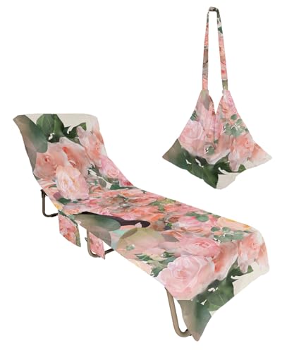 Pink Spring Floral Beach Lounge Chair Towel Cover, Soft Chaise Lounge Towel with Side Pockets Patio Pool Chairs Cover for Beach/Pool Sunbathing 29x85 Rustic Summer Botanical Modern