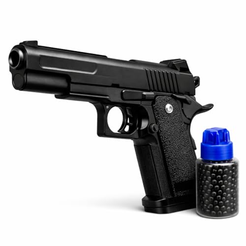 Pistolet Métal – Airsoft à Billes 23 cm Noir – avec 400 Billes et Distributeur Inclus – Réplique Airsoft Puissance : 0.5 Joules – Tir de Précision – Adulte Unisexe +18 Ans