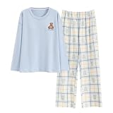 Pulaikehua Kawaii Loungewear Women Pajamas Autumn Cute Bear Print Pajama Cotton O-neck Sleepwear Long Sleeve Plaid Pants Pjs (Medium,6918)