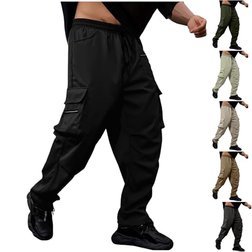 Mens Cargo Pants Lightweight Baggy Elastic Waist Casual Hiking Pants Drawstring Y2K Joggers Streetwear Multi Pockets
