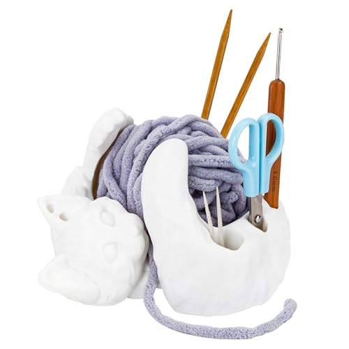 Image of VEHICAR Yarn Bowl 3D Printed, Large Cat Yarn Holder with Tool Hole, Cute Sleeping Cat Shape Storage Bowls, Ideal for Crocheting and Knitting, Great for Yarn Organization (Pure White)
