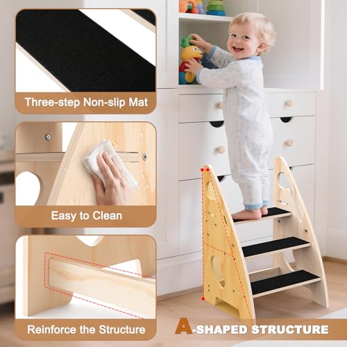 Toddler Step Stool, Wooden Height-Adjustable 3-Step Stool for Kids, Potty Training Stool with Handles and Non-Slip Pads for Bathroom Sink, Kitchen, Bedroom - Image 4