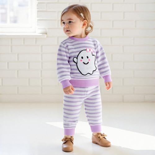 Halloween Toddler Baby Girl Clothes Stripes Waffle Sweatshirt Pullover Pants Set Kids Girls Spooky Fall Outfits2