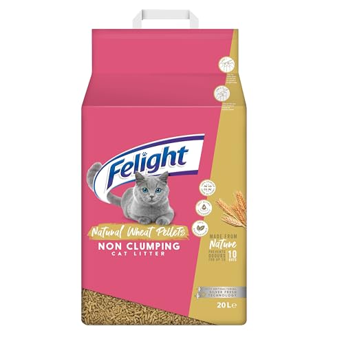 Felight Natural Wheat Pellets Cat Litter (20L Bag) - Non-Clumping 100% Biodegradable Antibacterial Silverfresh Technology Prevents Odours for up to 10 Days Made in the UK