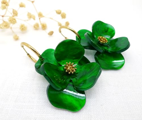 Boucles d'oreilles Fleur nacrée Vert émeraude légères et sans douleur - 2