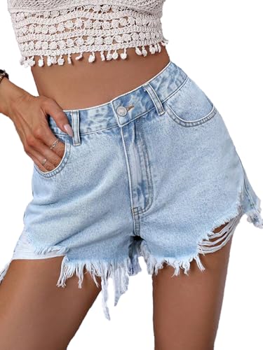 Nihsatin Women's High Waist Light Wash Denim Shorts Ripped Raw