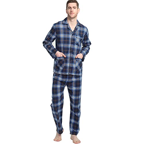 Global Men's Pajamas Sets 100% Cotton Flannel Sleepwear Long-Sleeve Top & Bottom, Large #TOP2
