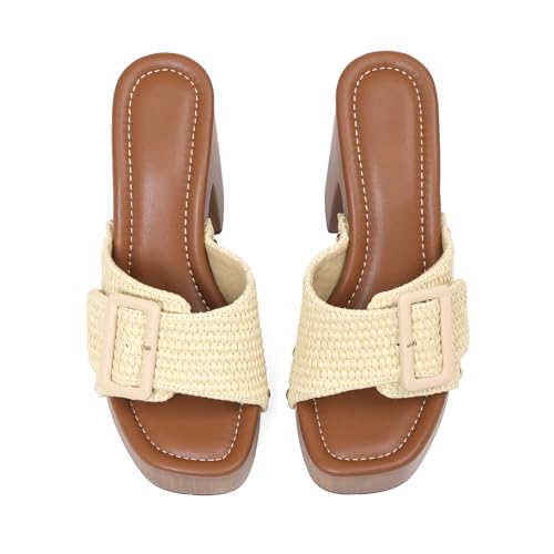 Oiamenne Raffia Heeled Sandals for Women Platform Sandals Square Open Toe High Block Heeled Sandals Slip On Slides Mules for Party Dressy Shoes Size 7.5 by Oiamenne - Used condition - Image 3