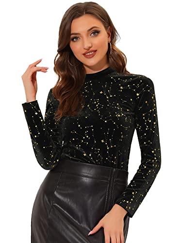 Allegra K Women's Saree Blouse Round Neck Long Sleeve Metallic Shinny Star Velvet Top Black L-16
