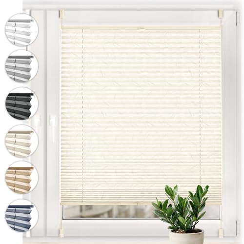 Sonello Plissee Crush Klemmfix ohne Bohren 95cm x 100cm Ecru Faltrollo Plisseerollo Jalousie für Tür & Fenster Blickdicht Sichtschutz Sonnenschutz Fertifplissee Rollo
