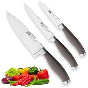Taylors Eye Witness Syracuse Keukenmes 3 stuks Set – Paring 9 cm/3,5 “, Chefs 15 cm/6 ” & Cooks All Purpose 13cm/5″ Snijrand. Ultra Fijn, scheermes scherp lemmet. Zacht getextureerd grijs handvat tactiele grip.