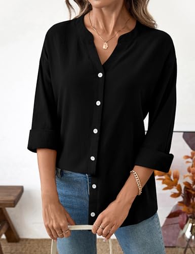 Rapbin Bluse Damen Elegant Baumwolle V-Ausschnitt Hemdbluse Langarm Button Down Lose Langarmshirt Einfarbig Oberteile Blusenshirt – Bild 4