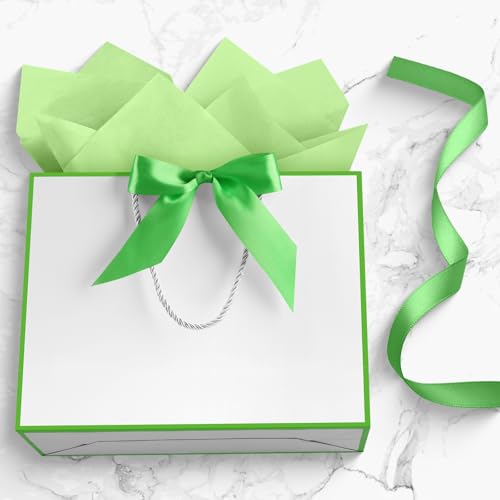 Image of JMANNI Gift Bags with Handles, 13 inch Medium Gift Bag for Presents, 1 Pcs Bags with 2 Tissue Paper and 1 Cards for Baby Shower Wedding Bridal Shower Mother's Day Birthday Party (White-Green