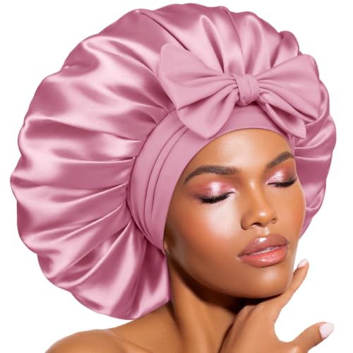 BONNET QUEEN Bonnet soie sommeil femme double layer, rose foncé