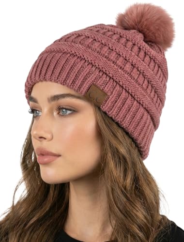 Funky Junque Soft Cable Knit Beanie with Faux Fur Pom