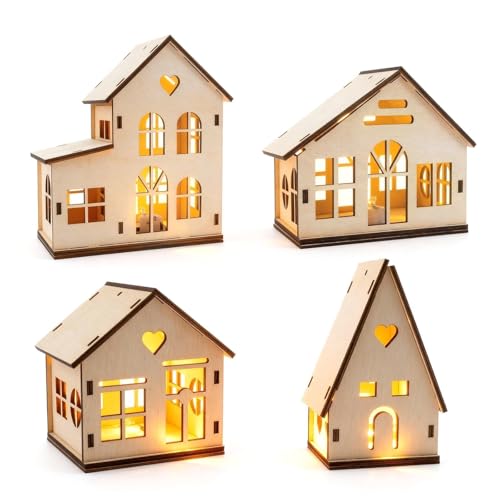 Aitsite 4 Piezas Pueblo Navideño Madera con LED Luz, Pueblo De Navidad En Miniatura, Casa Navideña con Luces Decorativa, Casitas Navidad Luz Led Decoración Navideña Interior Village de Navidad