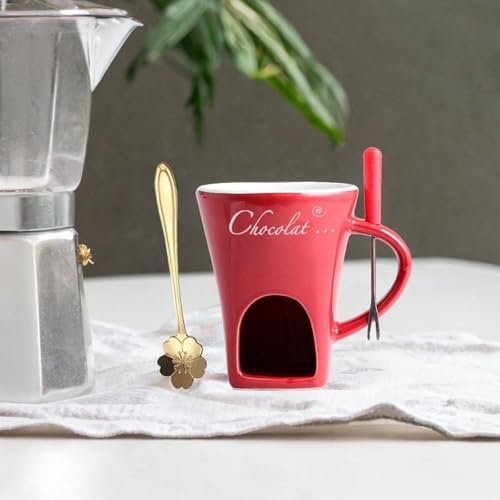NonMiFyR Chocolate Ceramic Fondue Mug Set Fondue Warmer Bowl with Fork and Spoon for Butter Heating Suitable for, red — view 3