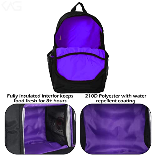 Motivator Daypack Meal Prep Lunch Bag With 3 Bpa-Free, Reusable, Microwavable, Freezer Safe, Portion-Controlled Containers, Backpack Lunch Box With Storage Pockets - (Black/Purple) #TOP3