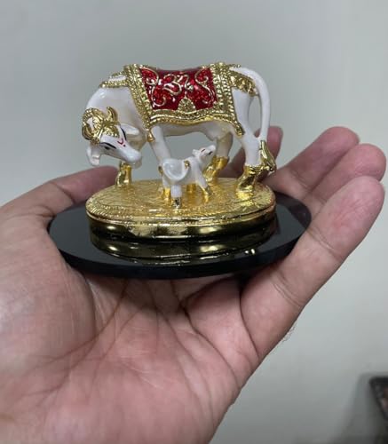 Image of Kamdhenu Cow & Calf Murti Idol-3 Inches, Polyresin Gold Plating using Electroplating | Handcrafted Showpiece Statue for Gifting, Office, Home Decor | Spiritual Vastu Figurine Sculpture