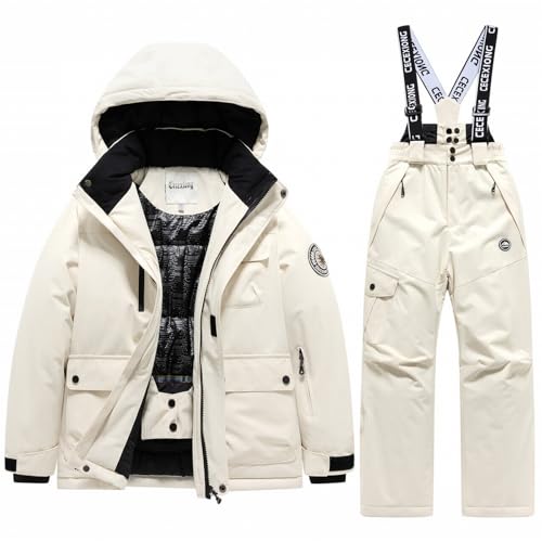 Boys Girls Ski Suit Kids Snowsuits 2 Piece Winter Waterproof Down Jacket Snow Pants Ski Bibs Overalls Snowboarding Clothes (White, 13-14 Years)