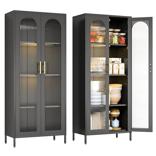 CBNTKI Kitchen Storage Cabinets,Black Storage Cabinet with Glass Doors and Shelves,Glass Display Cabinet,Freestanding Hutch Cabinet Cupboard for Kitchen,Living Room,Dining Room