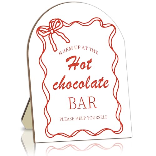 Hot Chocolate Bar Wooden Sign Red Bow Winter Party Decor Cocoa Drink Station Sign for Baby Shower Bridal Shower Christmas Holiday Party Table Decorations Red Bow Hot Chocolate Setup Board Decor