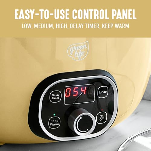 Image of GreenLife 6QT Slow Cooker, Non-Toxic PFAS-Free Ceramic Nonstick Removable Interior Bowl, Programmable, Family Friendly, Keep Warm, Stovetop & Oven Safe, Dishwasher Safe Crock, Timer, Glass Lid, Yellow