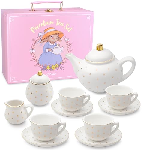 Image of Porcelain Tea Set for Girls - White with Gold Polka Dots Tea Party Set for Kids I Complete Children Tea Sets with Carry Case, Teapot, Cups and More, Birthday Gift for Little Girls & Toddlers