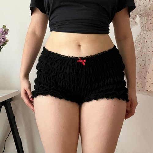 Image of Yuemengxuan Women Y2k Ruffle Shorts Ruched Plaid Shorts Micro Shorts Pajama Bottoms Y2k Cute Fairy Lace Edge Pettipants