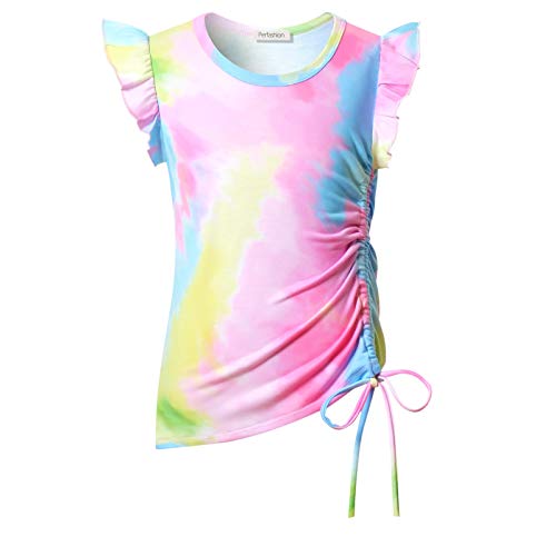 Image of Perfashion Girls Flutter /Long Sleeve Cotton T-Shirts Side Drawstring Tunic Blouse Round Neck Casual Tops for 4-13Years